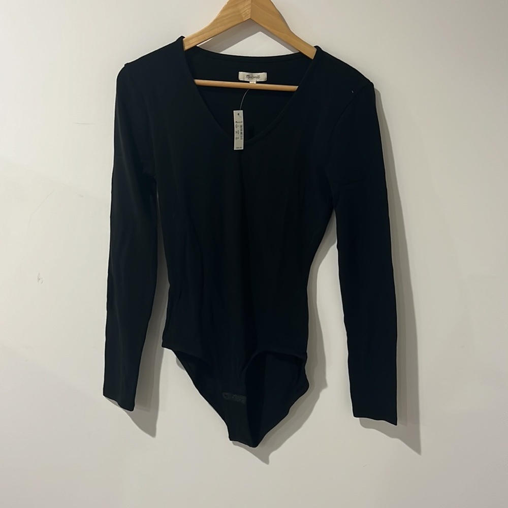 •NEW • Madewell • Long Sleeve V Neck Full Coverage Bodysuit Black Medium - Picture 3 of 4